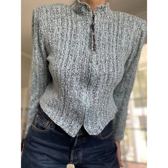 ST JOHN Evening Turquoise Aquamarine Decorative Cardigan Sweater 12 - Picture 1 of 16